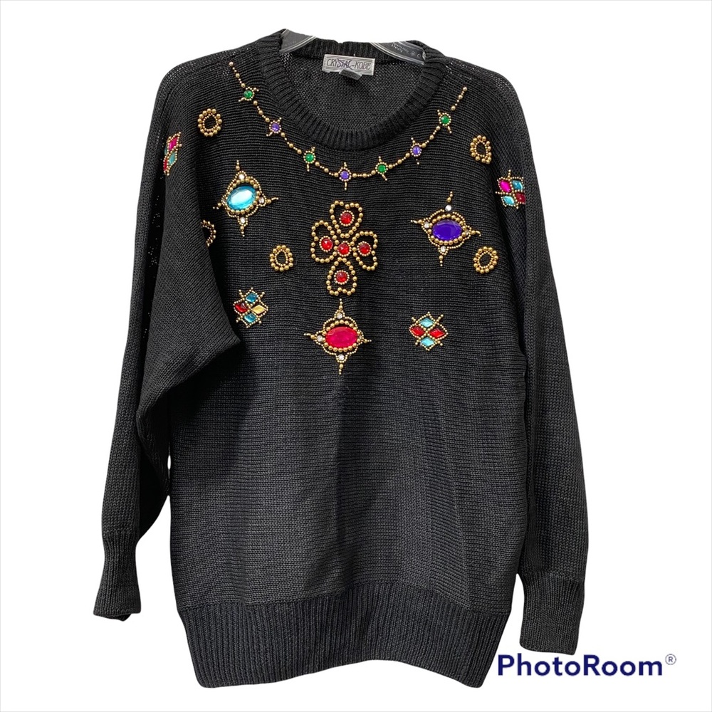 Vintage Glam Black Gold Metallic Beads & Jewels Embellished Beaded Sweater M